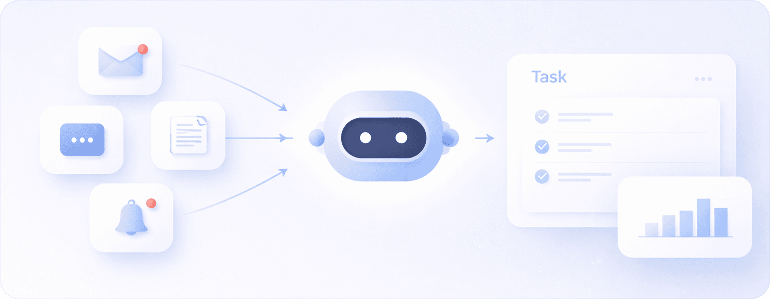 Fishbulb AI agents completing tasks: an inbox cleared, reports generated, and a dashboard trending upward